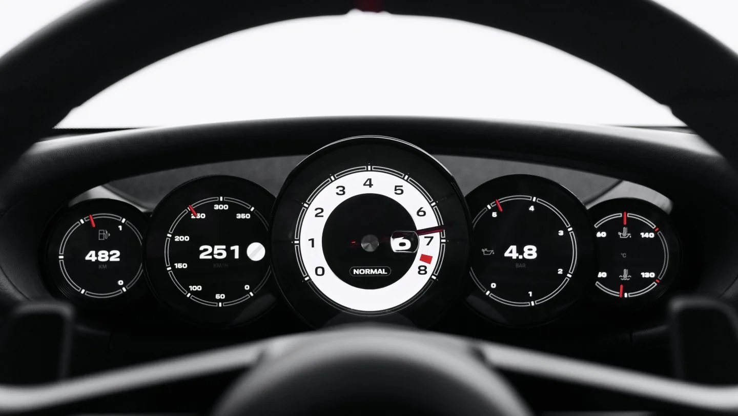 Mission S five round instruments and central tachometer.