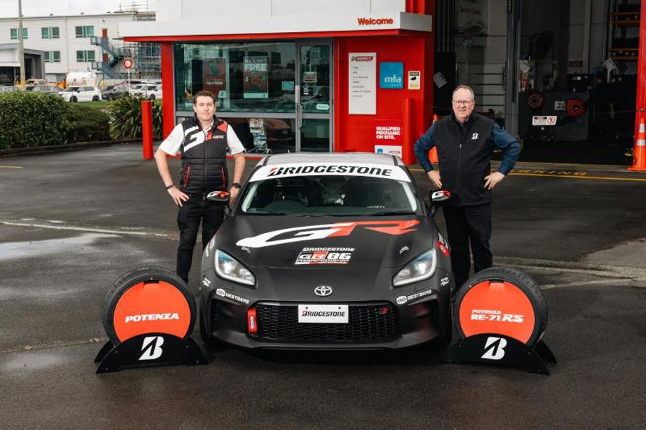 Toyota Gazoo Racing NZ Motorsport Manager Nicolas Caillol (left) with Bridgestone Director of NZ Business, John Staples.
