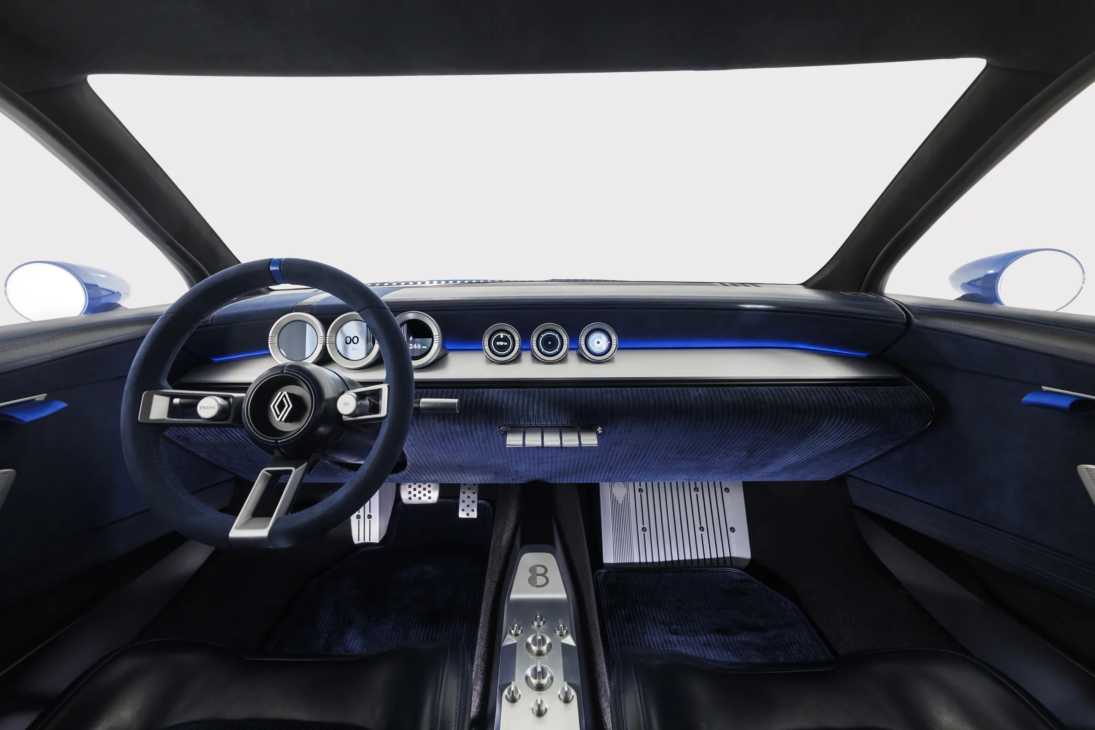 Exact Renault 8 Gordini concept design render or studio exterior/cabin detail, supporting its shape, lamps, stripes, seating and controls.