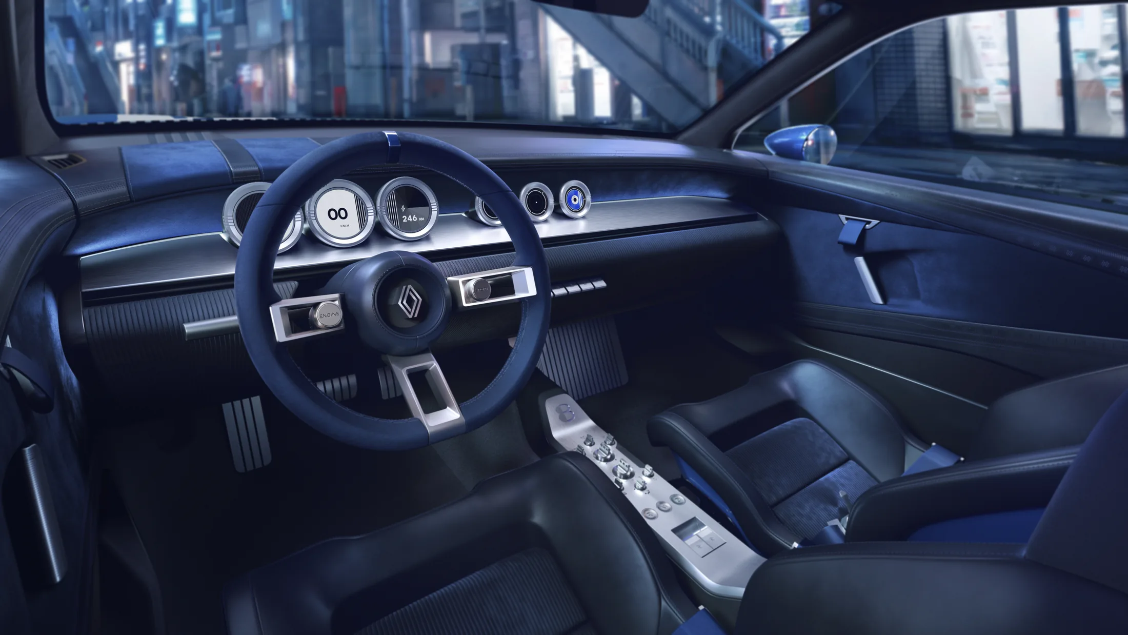 Exact Renault 8 Gordini concept design render or studio exterior/cabin detail, supporting its shape, lamps, stripes, seating and controls.