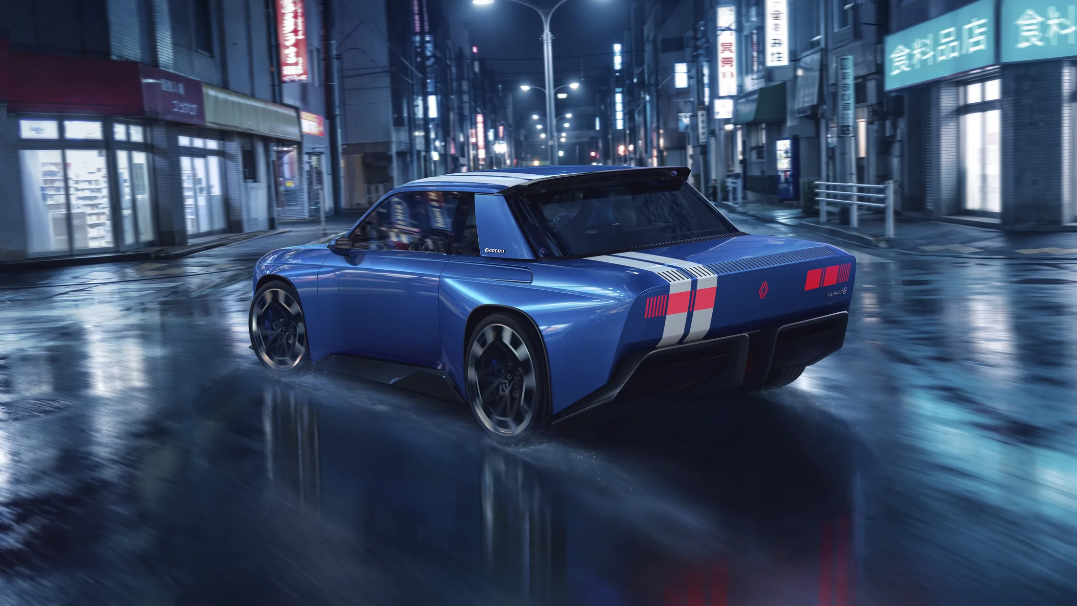 Exact Renault 8 Gordini concept design render or studio exterior/cabin detail, supporting its shape, lamps, stripes, seating and controls.