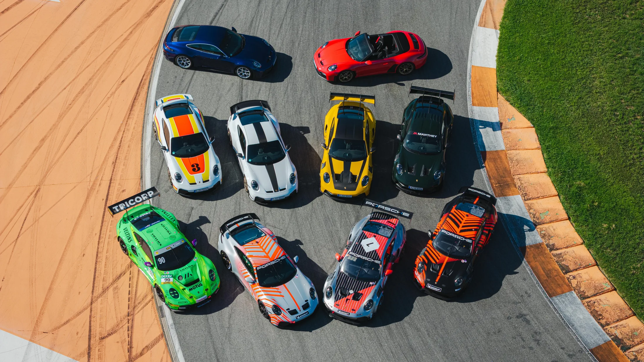 Porsche and Manthey racing cars from above